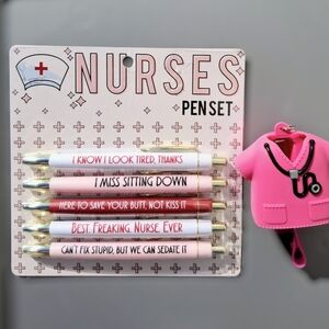New NURSES Novelty Pen Set & Pink Medical Field POCKETBAC Holder